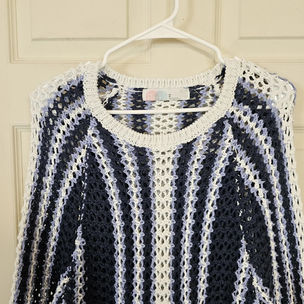 Free People Beach Crochet Striped Dayton Sweater Midnight Rain Combo